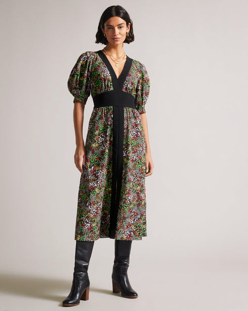 LOTTEI-Dresses-Crepe Panelled Puff Sleeve Midi Dress- Ted Baker Romania